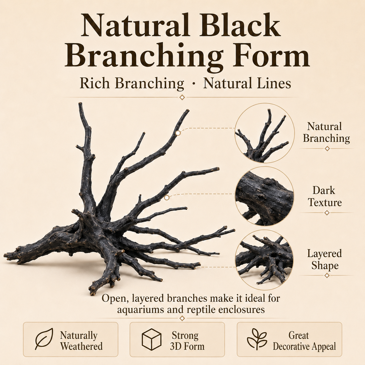Natural Black Spider Wood Driftwood for Aquariums & Terrariums – Random Shape, 3 Sizes