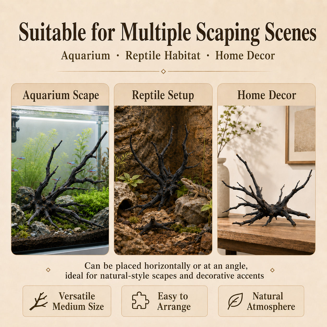 Natural Black Spider Wood Driftwood for Aquariums & Terrariums – Random Shape, 3 Sizes